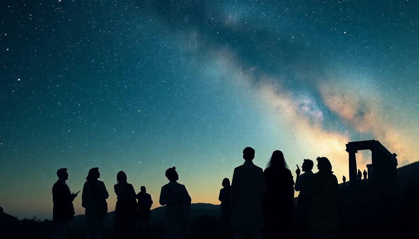 diverse scholars studying the stars near ancient ruins.
